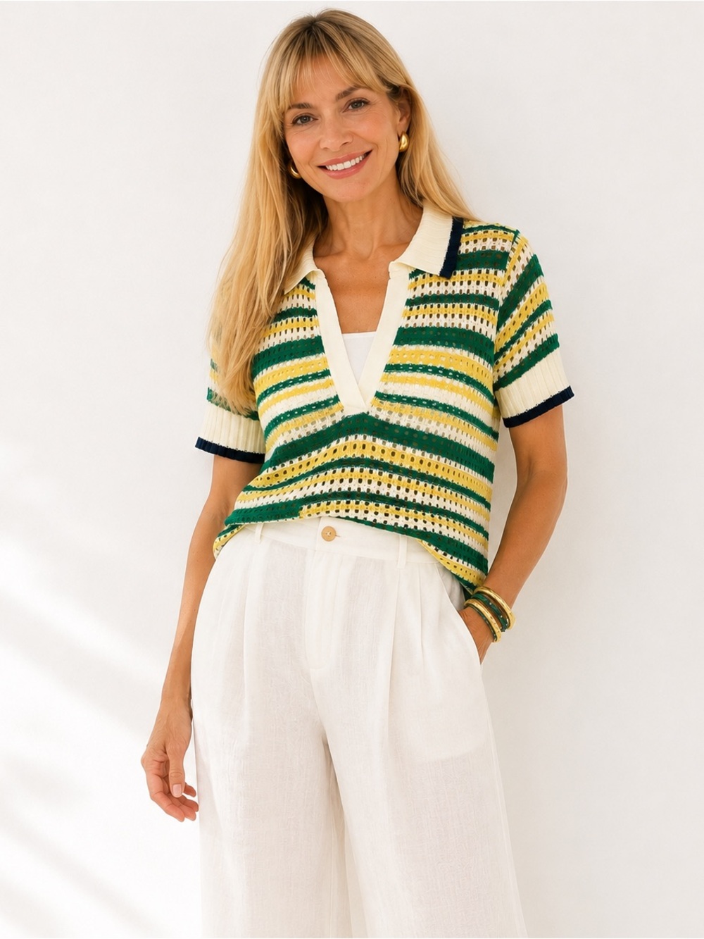 Dress To Brazil Striped Open Knit Polo Sweater Top Size S Resort